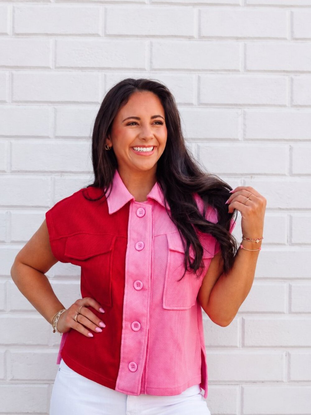 Pink Color Block Waffle Knit Top | Teacher Back to School Collared Shirt